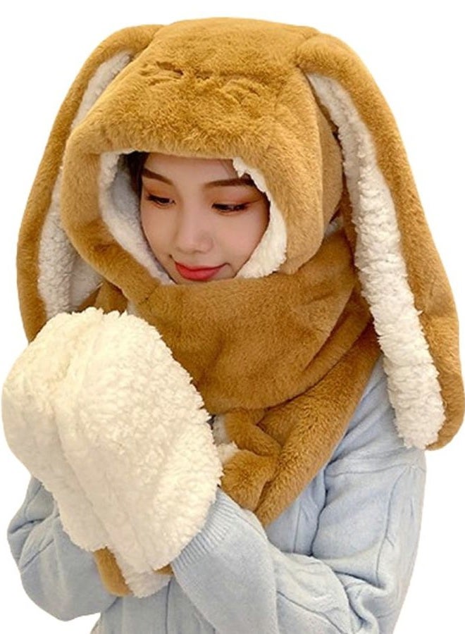 Caistre Women Cute Rabbit Ear Plush Beanie Cap Outdoor Fluffy Bunny Hat Scarf Set Indoor Warm Thick Fleece Animal Hoodie, Camel, M - Image 1