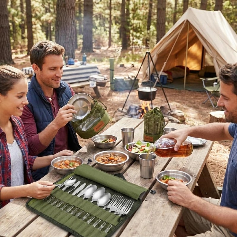 Wealers Unique Complete Messware Kit Polished Stainless Steel Dishes Set| Tableware| Dinnerware| Camping| Buffet| Includes - Cups | Plates| Bowls| Cutlery| Comes in Mesh Bags (4 Person Set) (Green) - Image 4