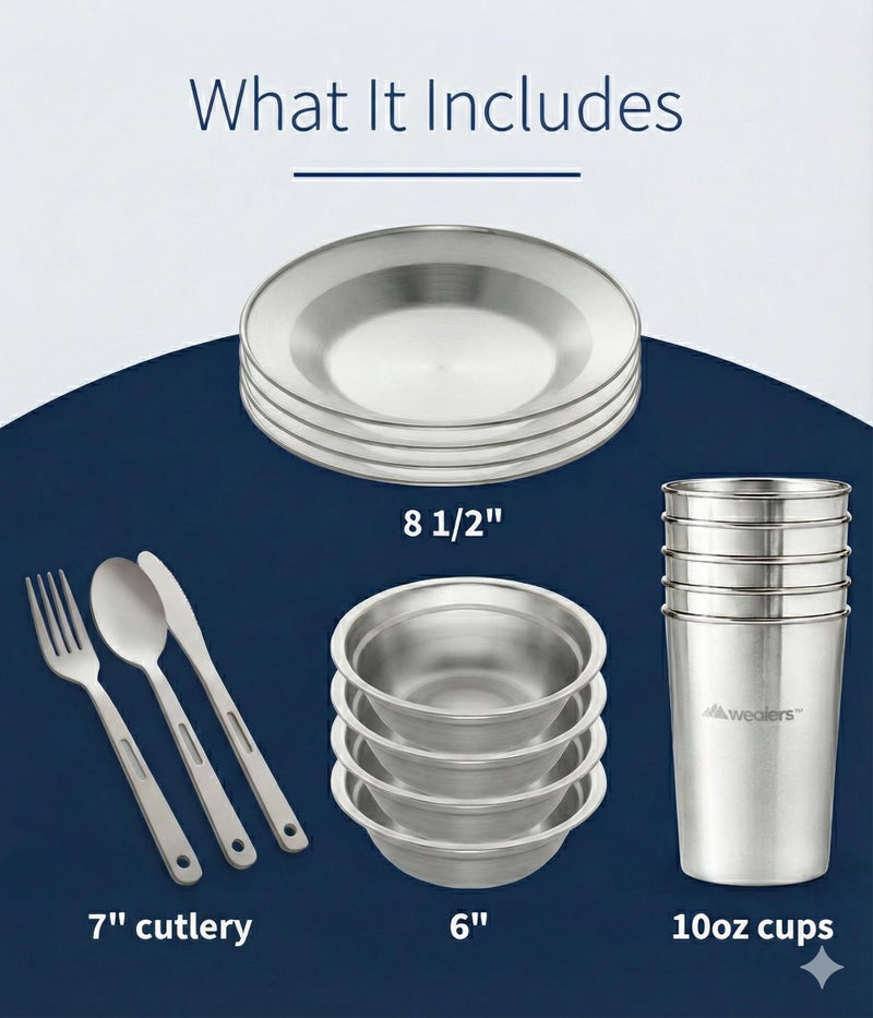 Wealers Unique Complete Messware Kit Polished Stainless Steel Dishes Set| Tableware| Dinnerware| Camping| Buffet| Includes - Cups | Plates| Bowls| Cutlery| Comes in Mesh Bags (4 Person Set) (Green) - Image 3