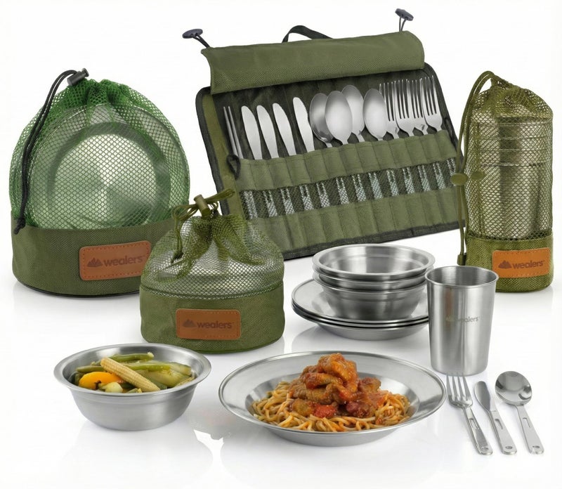 Wealers Unique Complete Messware Kit Polished Stainless Steel Dishes Set| Tableware| Dinnerware| Camping| Buffet| Includes - Cups | Plates| Bowls| Cutlery| Comes in Mesh Bags (4 Person Set) (Green) - Image 1