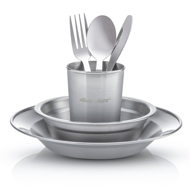 Wealers Unique Complete Messware Kit Polished Stainless Steel Dishes Set| Tableware| Dinnerware| Camping| Buffet| Includes - Cups | Plates| Bowls| Cutlery| Comes in Mesh Bags (4 Person Set) (Green) - Image 2