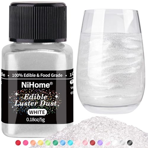 NiHome Edible Food-Grade Glimmer Powder Glitter Luster Dust Metallic Food Decorating Sprinkle Glimmery Dust for Drink Wine Beverage Cake Candy Dessert Bakery Restaurant Vegan (0.18oz/5g, White) - Image 1