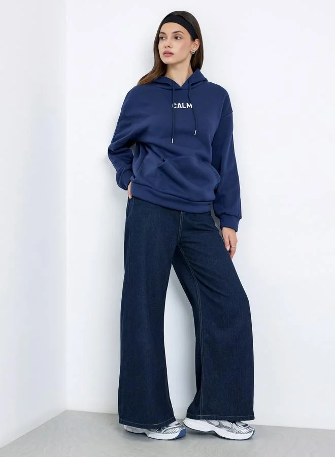 Take Two Take Two Navy Blue Slogan Print Relaxed Fit Hoodie