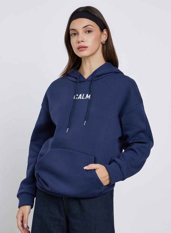 Take Two Navy Blue Slogan Print Relaxed Fit Hoodie - Image 3