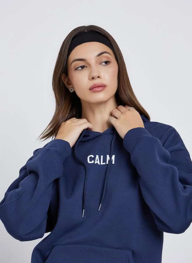 Take Two Take Two Navy Blue Slogan Print Relaxed Fit Hoodie