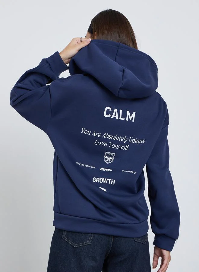 Take Two Navy Blue Slogan Print Relaxed Fit Hoodie