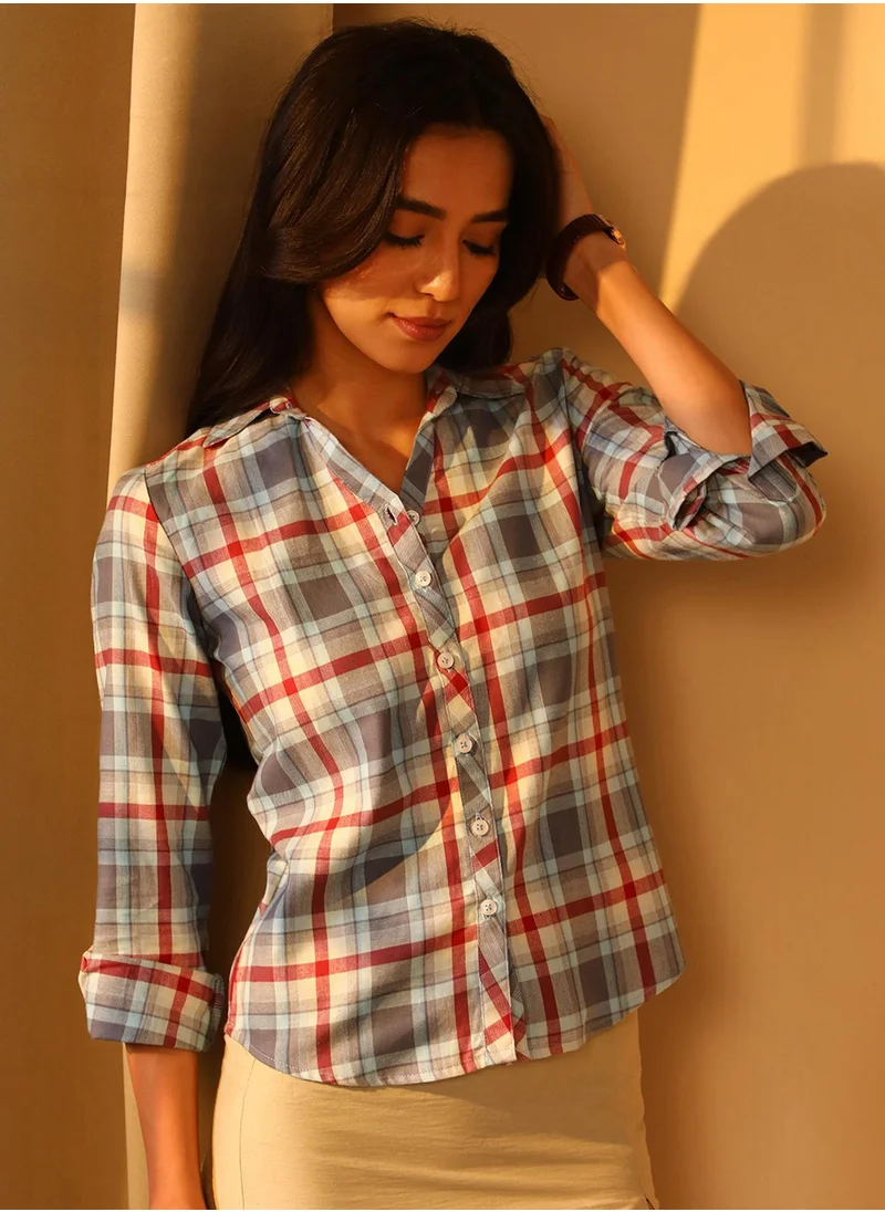 PINACOLADA Women's Icy Blue & Brick Red Tartan Plaid Boxy Shirt