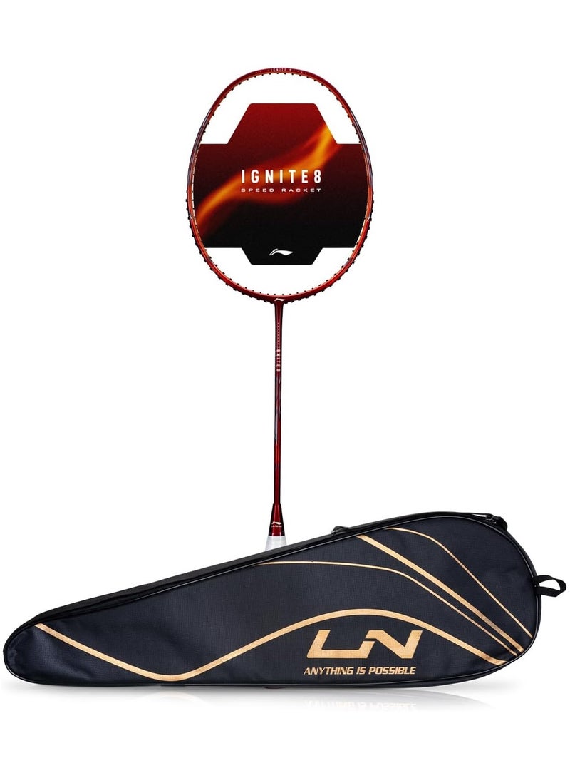 Li-Ning Ignite 8 Japanese Carbon Graphite Unstrung Badminton Racket with Full Cover (Dark Red/Rich Gold, 77 Grams) - Image 1