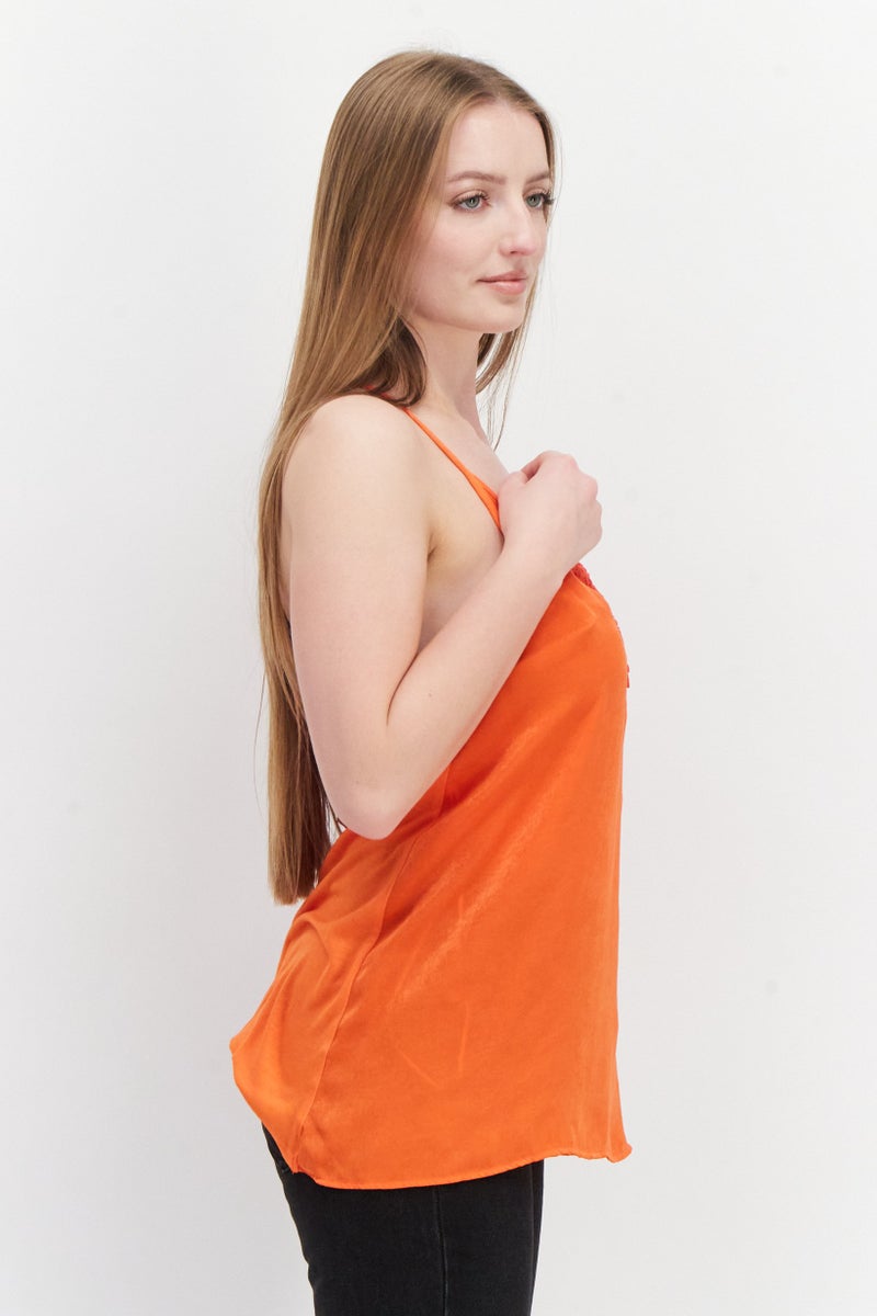 RIVER ISLAND Women V-Neck Plain Sleeveless Top, Orange - Image 3