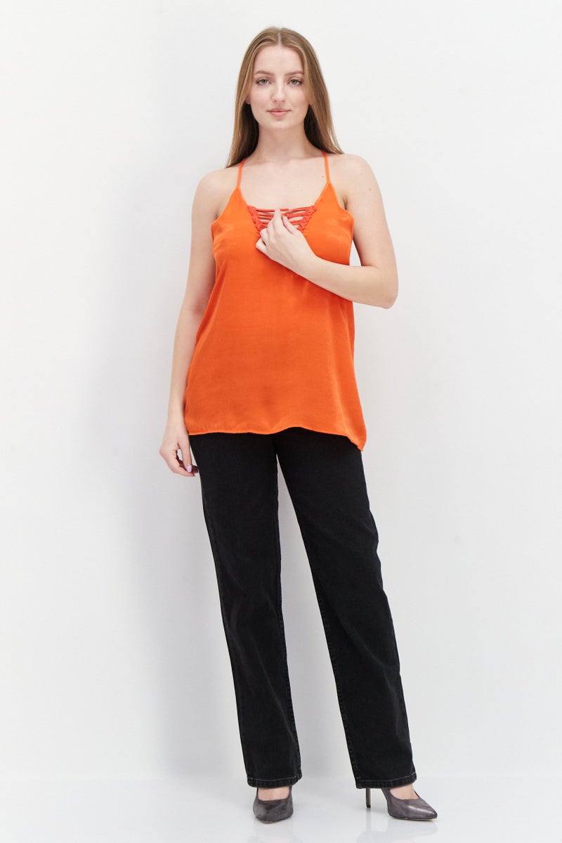 RIVER ISLAND Women V-Neck Plain Sleeveless Top, Orange - Image 2