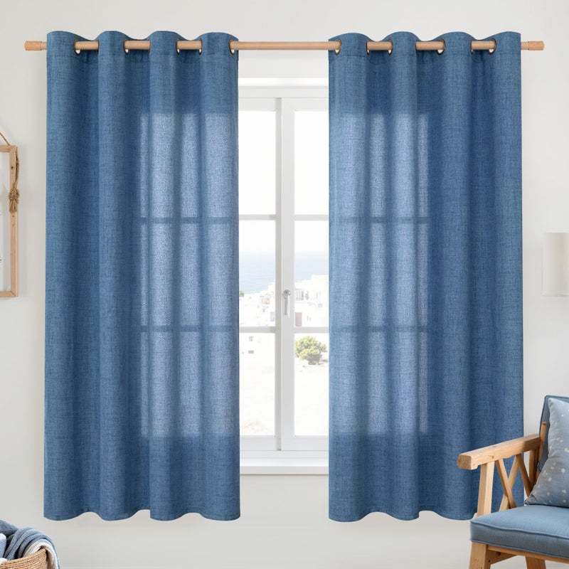 YoungsTex Navy Linen Curtains 63 Inch Length for Living Room, Dark Blue Semi Sheer Drapes Light Filtering with Bronze Grommet Privacy for Bedroom Decorative, 52 x 63 Inch, 2 Panels - Image 1