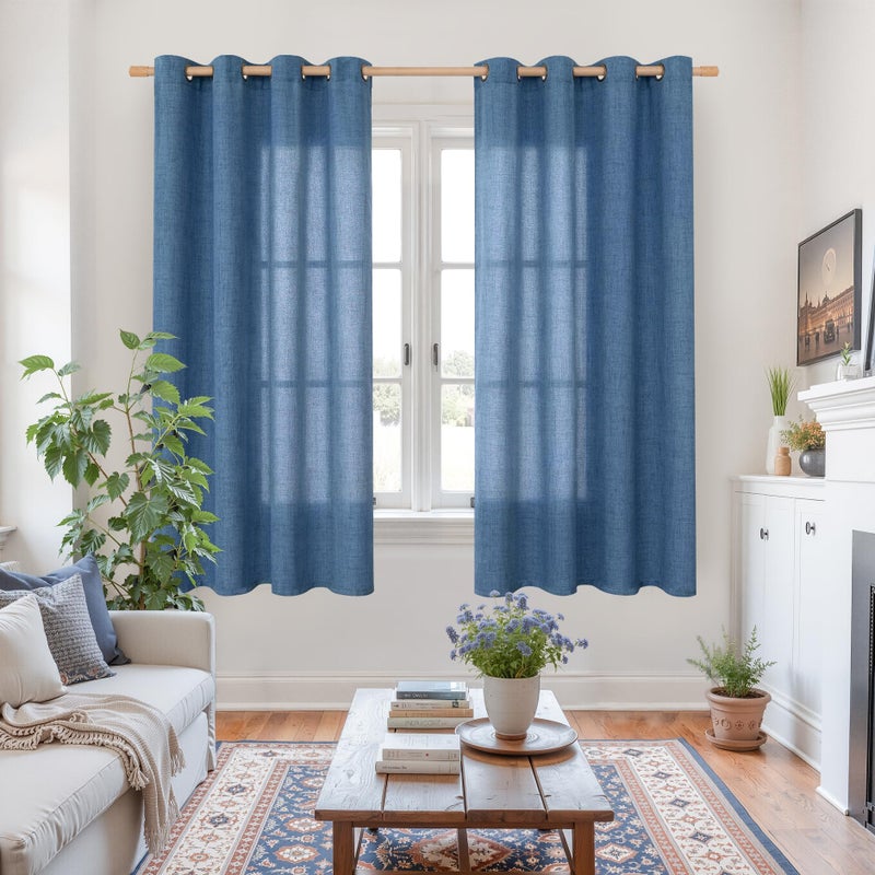 YoungsTex Navy Linen Curtains 63 Inch Length for Living Room, Dark Blue Semi Sheer Drapes Light Filtering with Bronze Grommet Privacy for Bedroom Decorative, 52 x 63 Inch, 2 Panels - Image 2