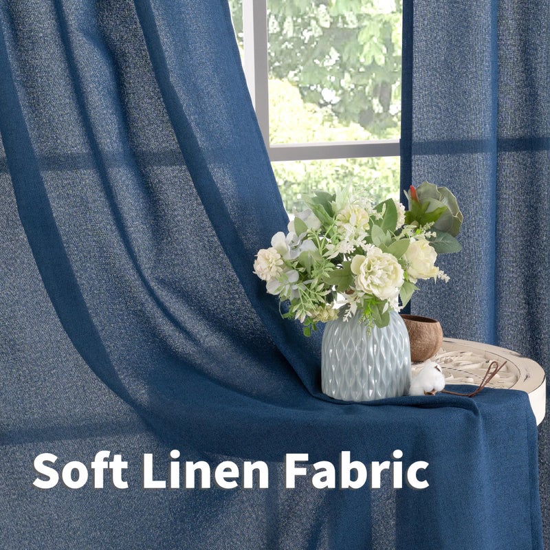YoungsTex Navy Linen Curtains 63 Inch Length for Living Room, Dark Blue Semi Sheer Drapes Light Filtering with Bronze Grommet Privacy for Bedroom Decorative, 52 x 63 Inch, 2 Panels - Image 5