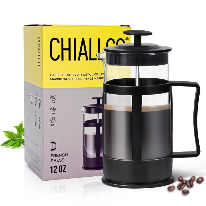 Chiallco Mini French Press Coffee Maker, Heat Resistant Thickened Borosilicate Classic Glass Stainless Steel Coffee Press, 12OZ Heat Cold Brew Coffee Pot Tea Press for Kitchen Travel Campingï¼ŒBlack - Image 1