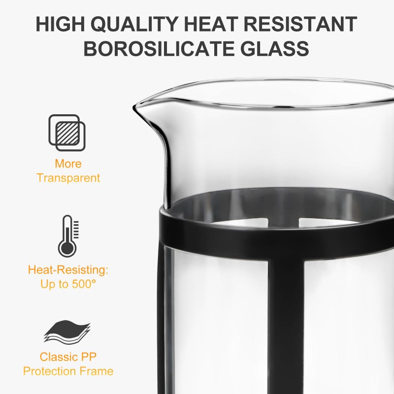 Chiallco Mini French Press Coffee Maker, Heat Resistant Thickened Borosilicate Classic Glass Stainless Steel Coffee Press, 12OZ Heat Cold Brew Coffee Pot Tea Press for Kitchen Travel Campingï¼ŒBlack - Image 2