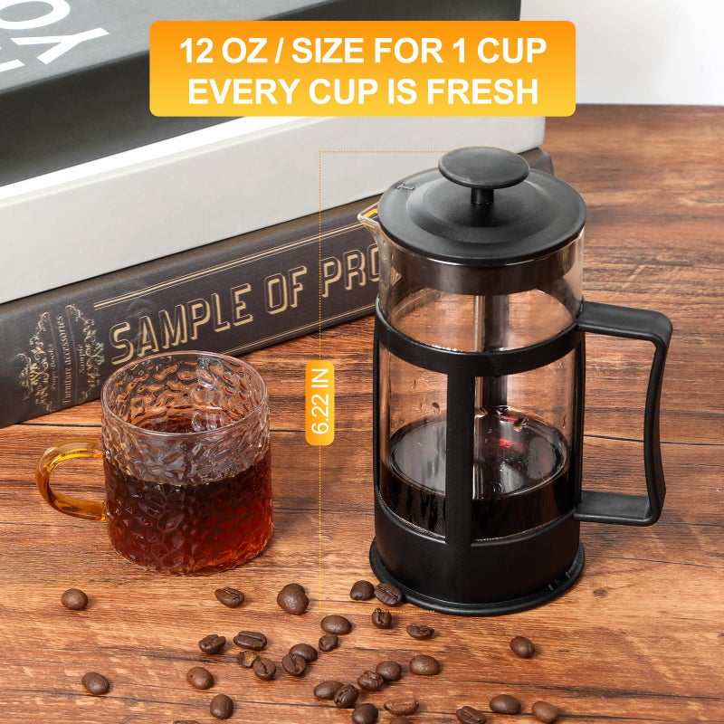 Chiallco Mini French Press Coffee Maker, Heat Resistant Thickened Borosilicate Classic Glass Stainless Steel Coffee Press, 12OZ Heat Cold Brew Coffee Pot Tea Press for Kitchen Travel Campingï¼ŒBlack - Image 5