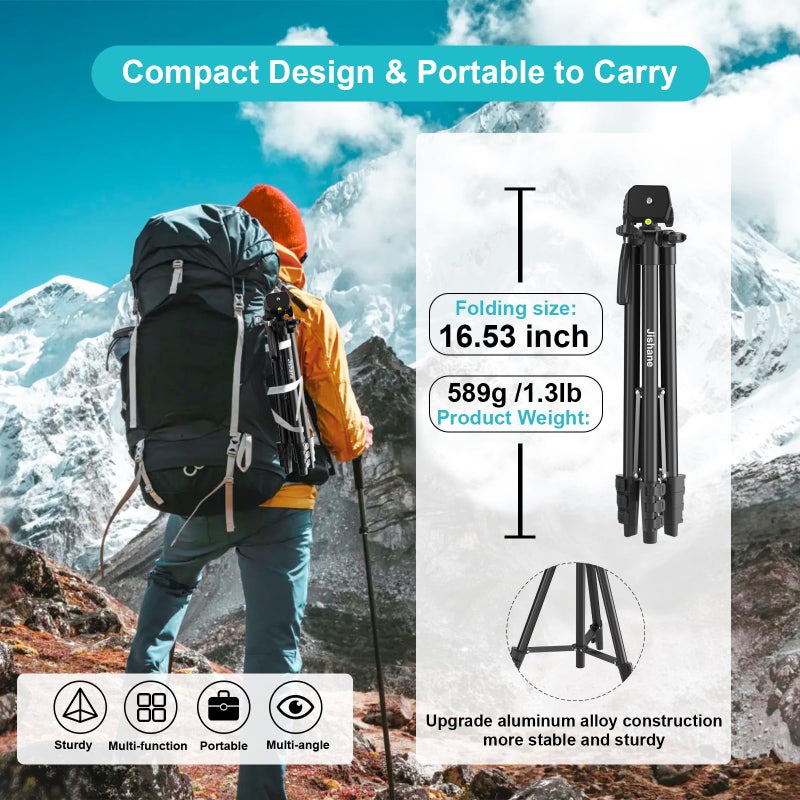 Jishane 71" Camera Tripod, Versatile Cell Phone Tripod with Wireless Remote Phone Holder and Carry Bag, Lightweight Portable Camera Tripod Stand Compatible with Smartphone Cameras, Max Load 6.6 lbs - Image 5
