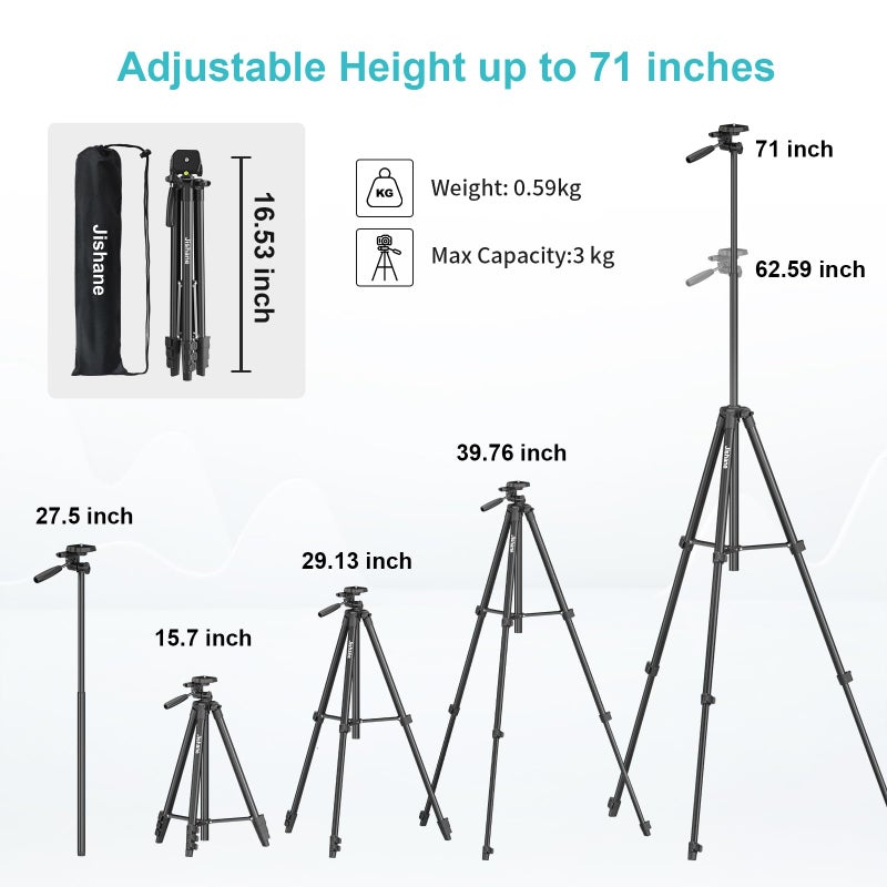 Jishane 71" Camera Tripod, Versatile Cell Phone Tripod with Wireless Remote Phone Holder and Carry Bag, Lightweight Portable Camera Tripod Stand Compatible with Smartphone Cameras, Max Load 6.6 lbs - Image 4