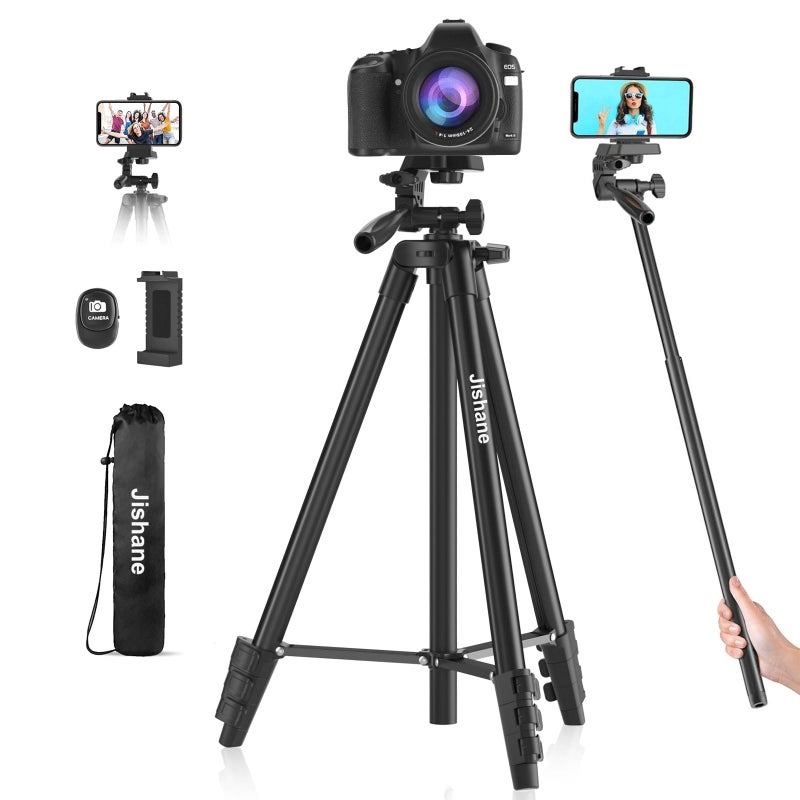 Jishane 71" Camera Tripod, Versatile Cell Phone Tripod with Wireless Remote Phone Holder and Carry Bag, Lightweight Portable Camera Tripod Stand Compatible with Smartphone Cameras, Max Load 6.6 lbs - Image 1