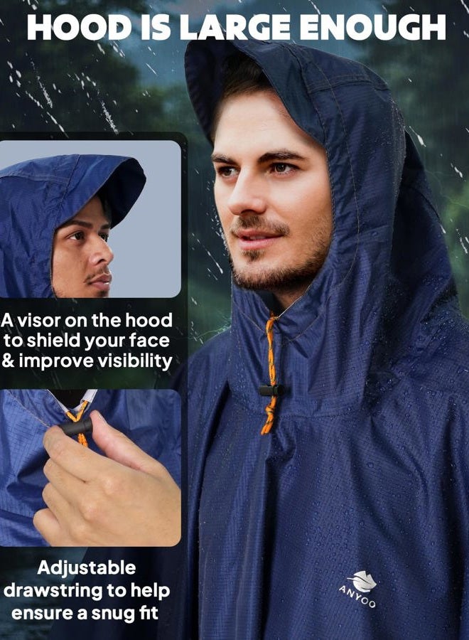 Anyoo Waterproof Rain Poncho with Sleeves&Pocket, Lightweight Reusable Hiking Rain Coat Jacket with Hood for Outdoor Activities, Unisex, Dark Blue, One Size - Image 4
