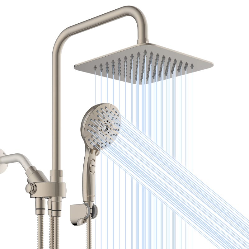 Ryamen Dual Shower Head Combo, Brushed Nickel 8'' High Pressure Rain/Rainfall Shower Head, 6 Settings Adjustable Handheld Showers, with 15" Height Adjustable Slide Bar, Holder/59â€™â€˜ Hose - Image 1