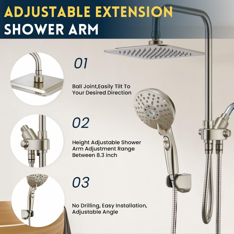 Ryamen Dual Shower Head Combo, Brushed Nickel 8'' High Pressure Rain/Rainfall Shower Head, 6 Settings Adjustable Handheld Showers, with 15" Height Adjustable Slide Bar, Holder/59â€™â€˜ Hose - Image 5