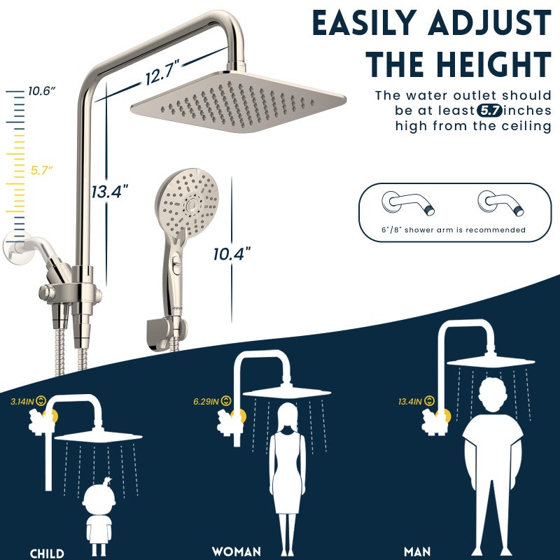 Ryamen Dual Shower Head Combo, Brushed Nickel 8'' High Pressure Rain/Rainfall Shower Head, 6 Settings Adjustable Handheld Showers, with 15" Height Adjustable Slide Bar, Holder/59â€™â€˜ Hose - Image 2