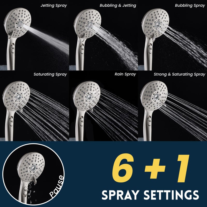Ryamen Dual Shower Head Combo, Brushed Nickel 8'' High Pressure Rain/Rainfall Shower Head, 6 Settings Adjustable Handheld Showers, with 15" Height Adjustable Slide Bar, Holder/59â€™â€˜ Hose - Image 4