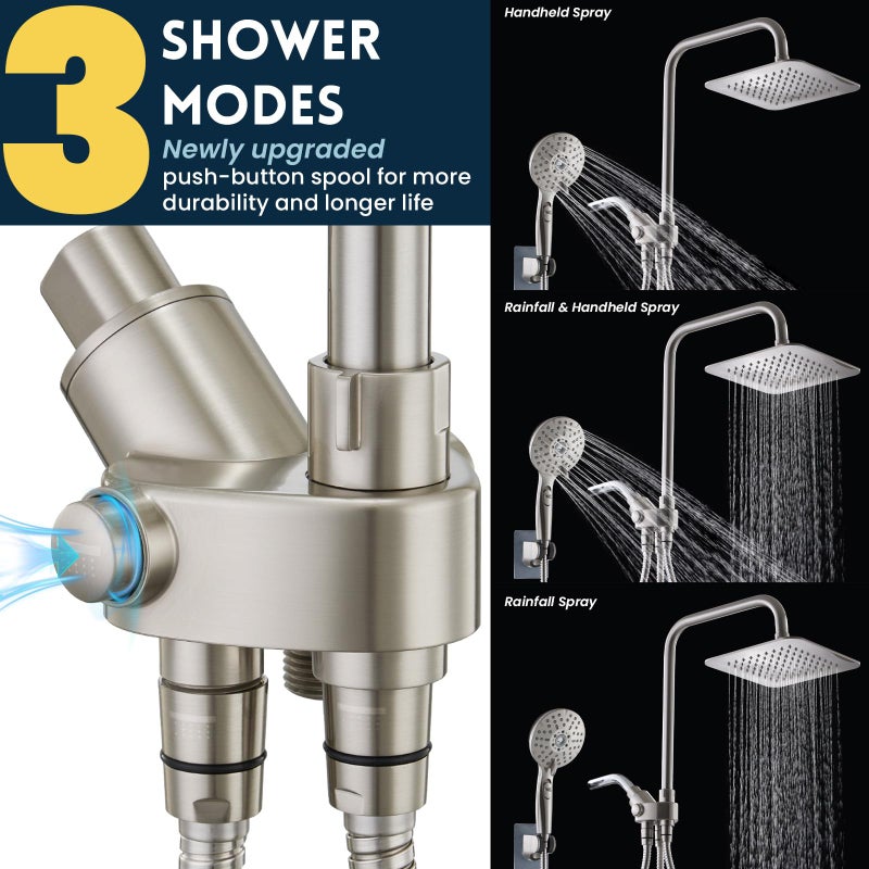 Ryamen Dual Shower Head Combo, Brushed Nickel 8'' High Pressure Rain/Rainfall Shower Head, 6 Settings Adjustable Handheld Showers, with 15" Height Adjustable Slide Bar, Holder/59â€™â€˜ Hose - Image 3