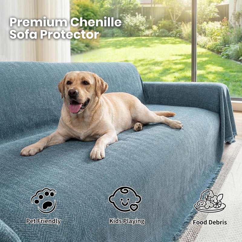 Nobildonna Chenille Couch Cover for Sofa Cover Washable Pet Scratch Couch Covers Tassel Sofa Slipcover for 2 Cushion Couch Furniture Protector Blanket for Living Room,Stone Blue 71"x118" - Image 2