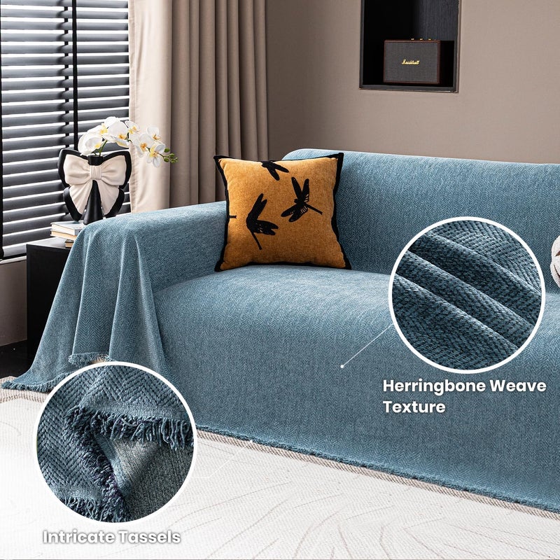 Nobildonna Chenille Couch Cover for Sofa Cover Washable Pet Scratch Couch Covers Tassel Sofa Slipcover for 2 Cushion Couch Furniture Protector Blanket for Living Room,Stone Blue 71"x118" - Image 3