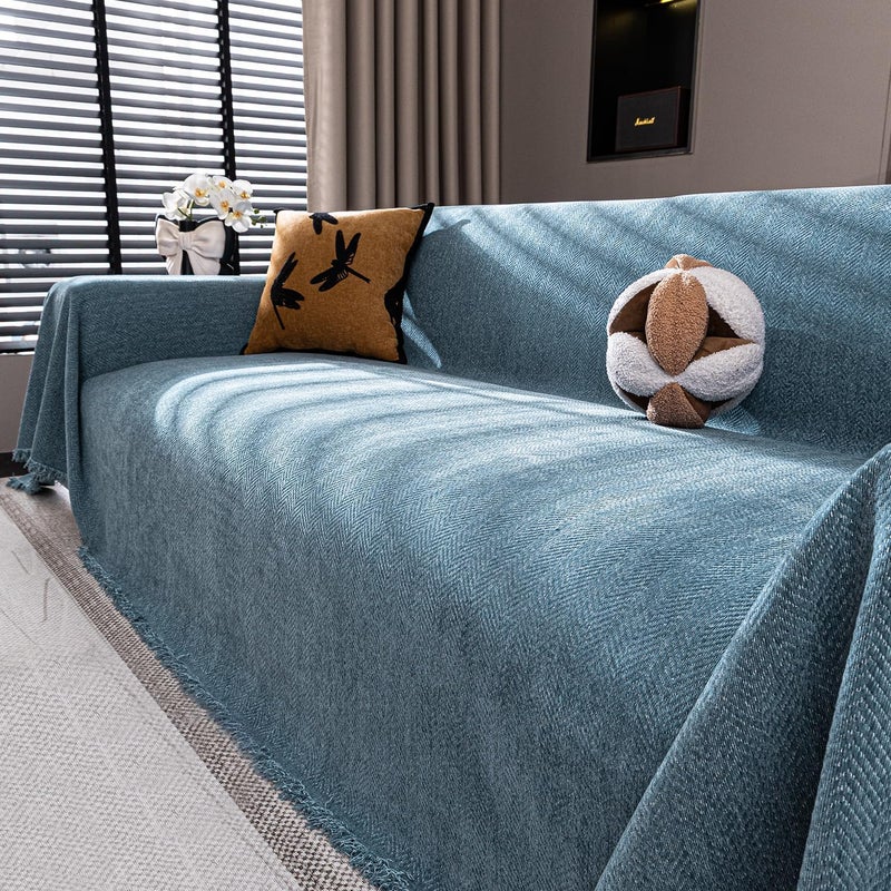 Nobildonna Chenille Couch Cover for Sofa Cover Washable Pet Scratch Couch Covers Tassel Sofa Slipcover for 2 Cushion Couch Furniture Protector Blanket for Living Room,Stone Blue 71"x118" - Image 1