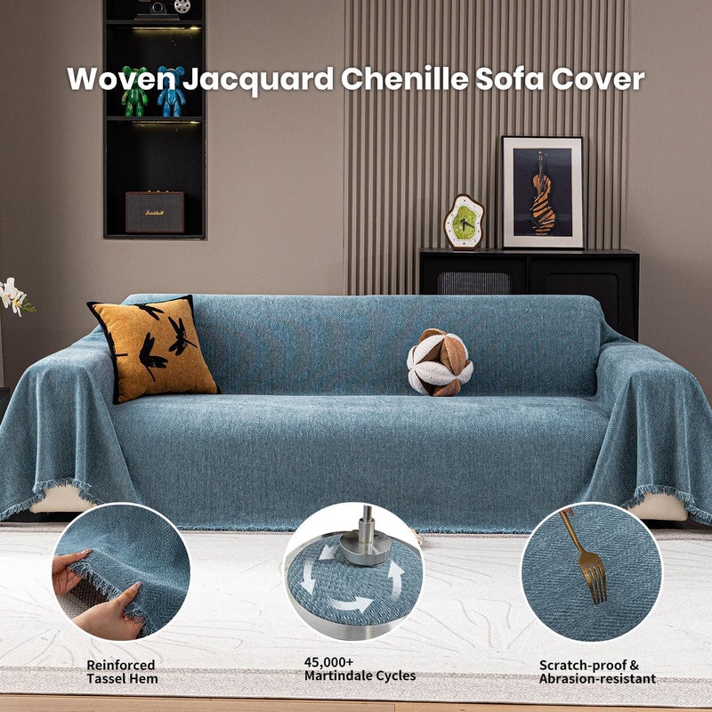 Nobildonna Chenille Couch Cover for Sofa Cover Washable Pet Scratch Couch Covers Tassel Sofa Slipcover for 2 Cushion Couch Furniture Protector Blanket for Living Room,Stone Blue 71"x118" - Image 4