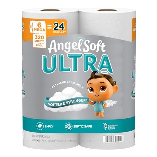 Angel Soft ورق تواليت أنجل سوفت ألترا 6 لفات ميغا 24 لفة عادية 2 طبقة - Image 1