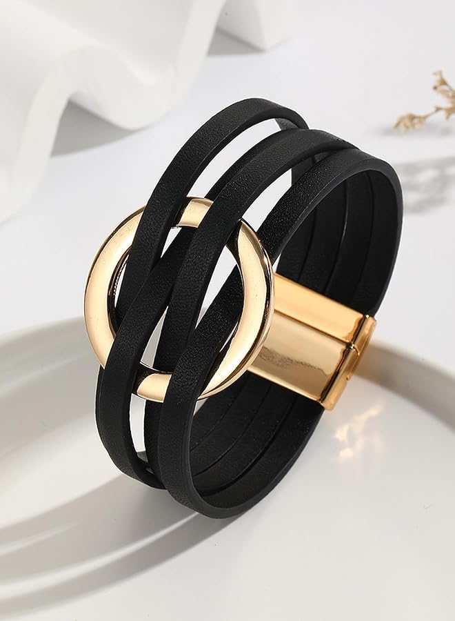 إيروريكس أساور جلدية سوداء عصرية للنساء أساور بوهو قابلة للتكديس هدية مثالية لعيد الحب مجوهرات متعددة الطبقات لإطلالة أنيقة - Image 2