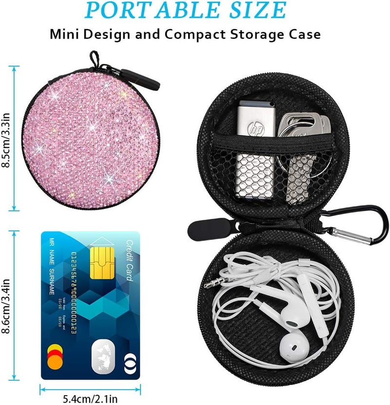 SAVORI Carrying Headphone Case Bag Small Earbud Case Bling Rhinestone Crystal Mini Portable Earphone Storage Bag Pouch for Earset & Mini Items with Carabiner (Pink) - Image 3