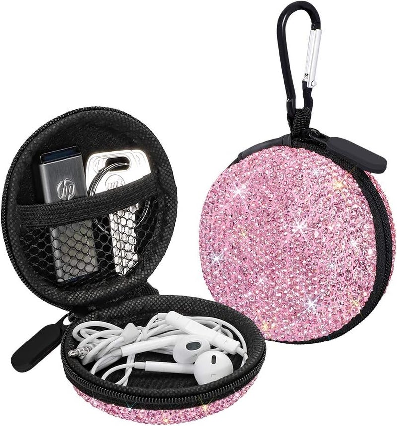 SAVORI Carrying Headphone Case Bag Small Earbud Case Bling Rhinestone Crystal Mini Portable Earphone Storage Bag Pouch for Earset & Mini Items with Carabiner (Pink) - Image 1