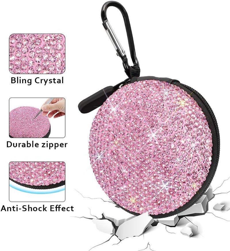 SAVORI Carrying Headphone Case Bag Small Earbud Case Bling Rhinestone Crystal Mini Portable Earphone Storage Bag Pouch for Earset & Mini Items with Carabiner (Pink) - Image 2