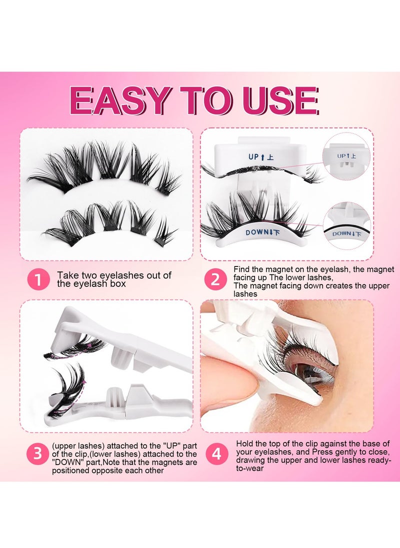 Magnetic False Eyelashes Set, Reusable Magnetic Eyelashes, Upper and Lower Eyelashes Combination (Left and Right Eyes Separate), Natural Glue-free 3D False Eyelashes Set with Applicator, Easy to Wear