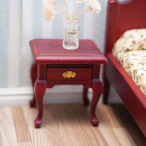 Cutemini Miniature Furniture 112 Bedside Table Dollhouse Accessories Wooden Nightstand Vintage Living Room Bedroom Scene Bedroom Bedsides End TableHouse Model Decoration Red - Image 5