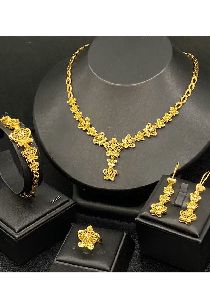 4-Piece 24K Gold Plated Wedding Jewelry Set With Necklace, Bangle, Earrings and ring - Image 1