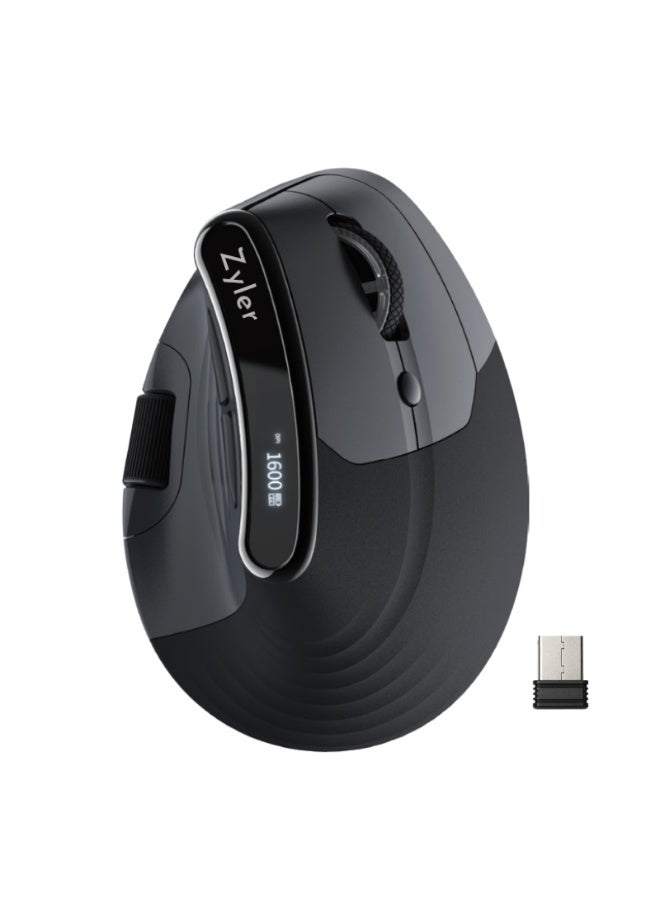 Zyler Ergonomic Vertical Mouse with Smart Display, 2.4GHz Optical Wireless Mouse, 7 Adjustable DPI (400/800/1600/2400/3200/6400/8000), Dual Scroll Wheel, 6 Buttons Wireless Mouse for Laptop, PC etc - Image 1