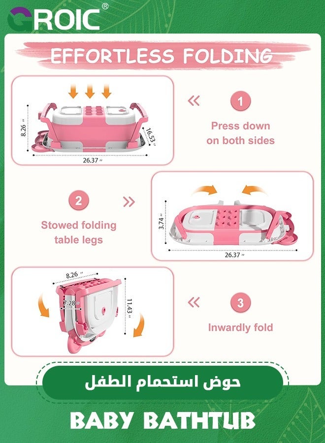 GROIC Collapsible Baby Bathtub for Newborn with Thermometer & 1 Soft Floating Cushion,Portable Travel Drain Hole, Durable Foldable Tubs,Baby Bath Pad(Pink)  - Image 5