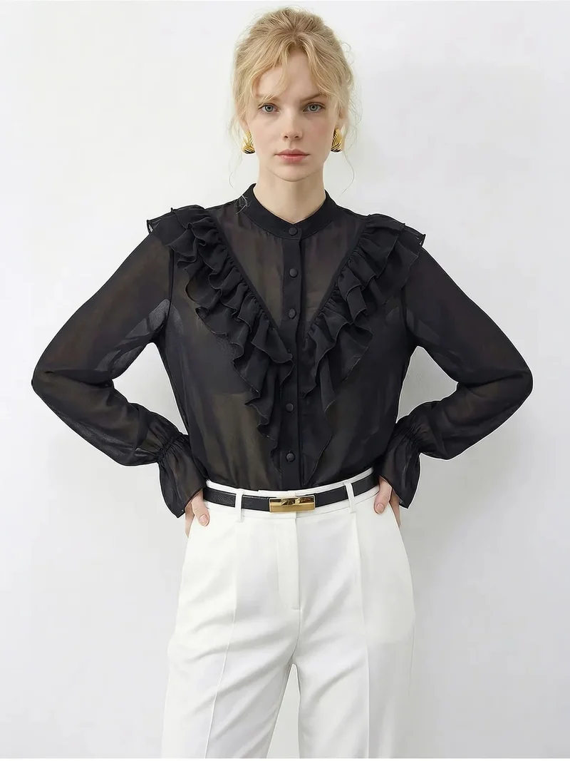 بيانكو لوتشي LUCCI Frilly Mandarin Collar Long Sleeve Chiffon Shirt
