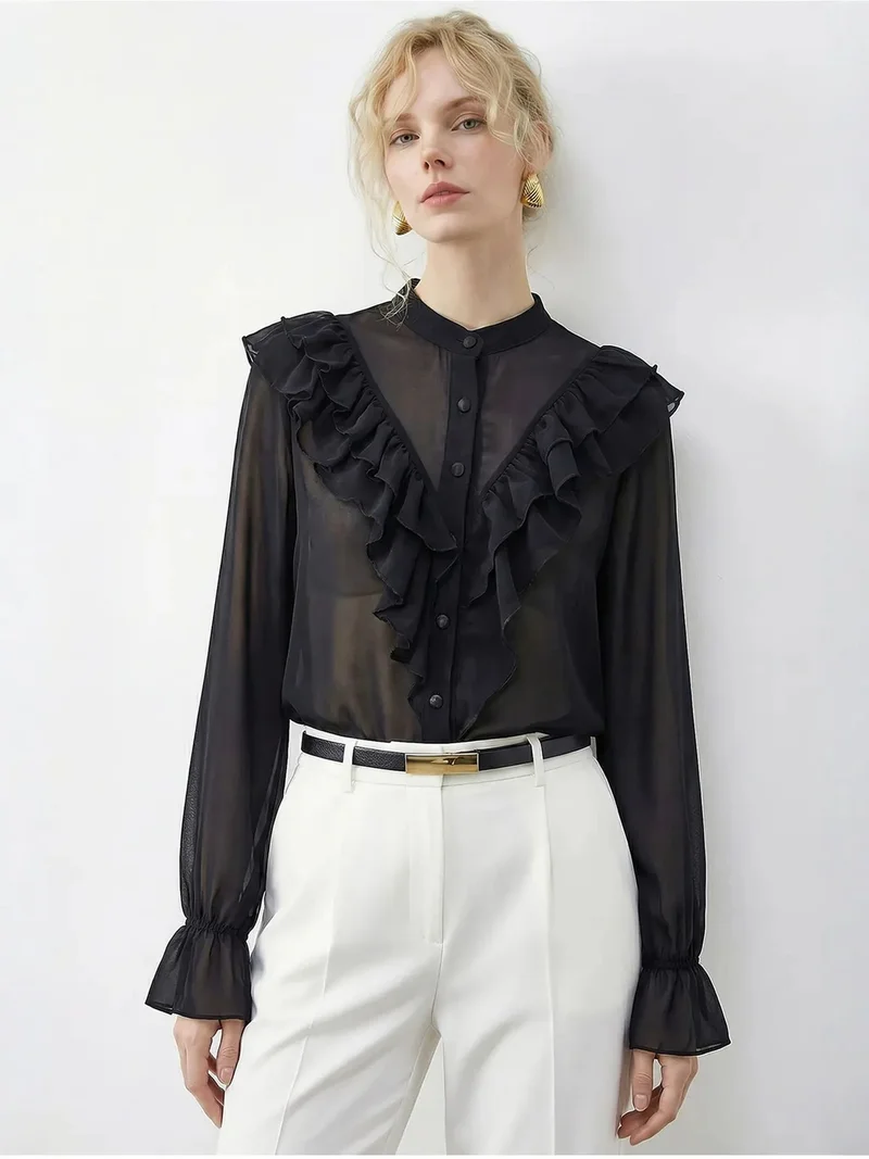 بيانكو لوتشي LUCCI Frilly Mandarin Collar Long Sleeve Chiffon Shirt
