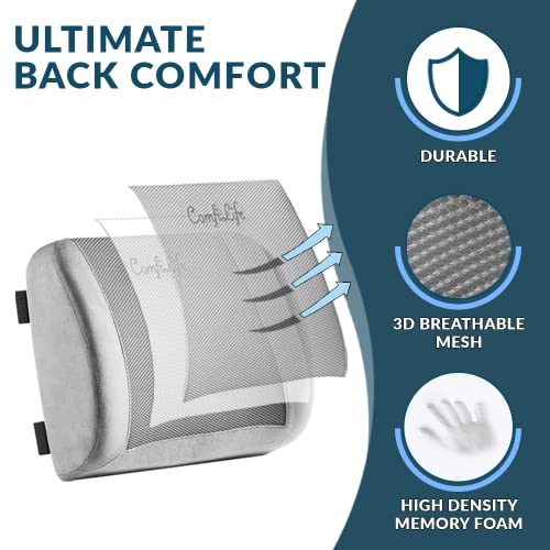 ComfiLife Lumbar Support Back Pillow Office Chair and Car Seat Cushion - Memory Foam with Adjustable Strap and Breathable 3D Mesh (Gray) - Image 2