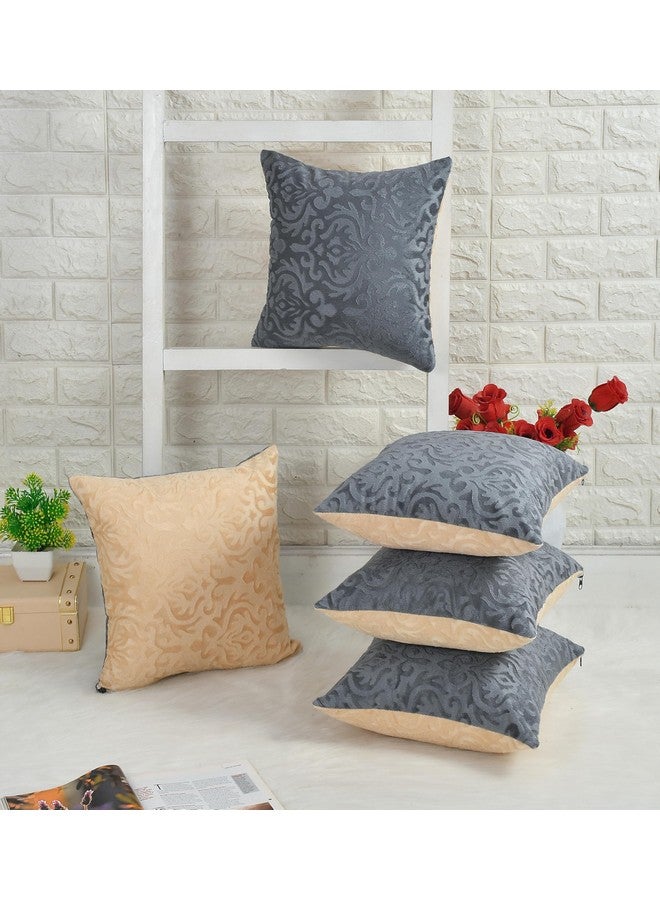 IVAZA IVAZA Velvet Decorative Reversible Cushion Cover 24 x24 Inch - Set of 5, Soft Solid Damask Square Throw Pillow Covers for Sofa, Living Room or Home Decor - 60x60 cm Grey & Beige - Image 1