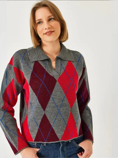 Bianco Lucci LUCCI Geometric Pattern Polo Neck Knit Sweater
