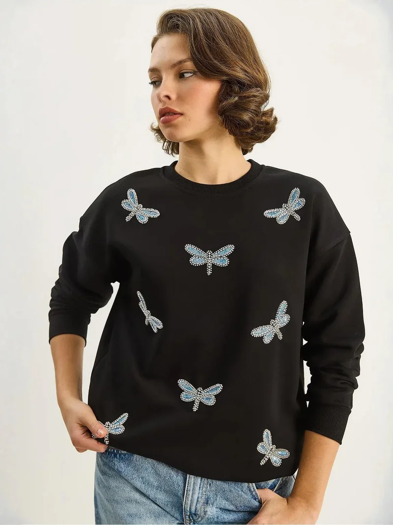 Bianco Lucci Dragonfly Embroidered Crew Neck Sweatshirt