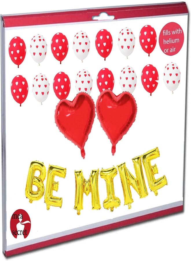 secret Valentines Balloon Decorations Kit - Includes Be Mine Balloons Gold, Red Heart Balloons, Red and White dots Printed Latex Balloons